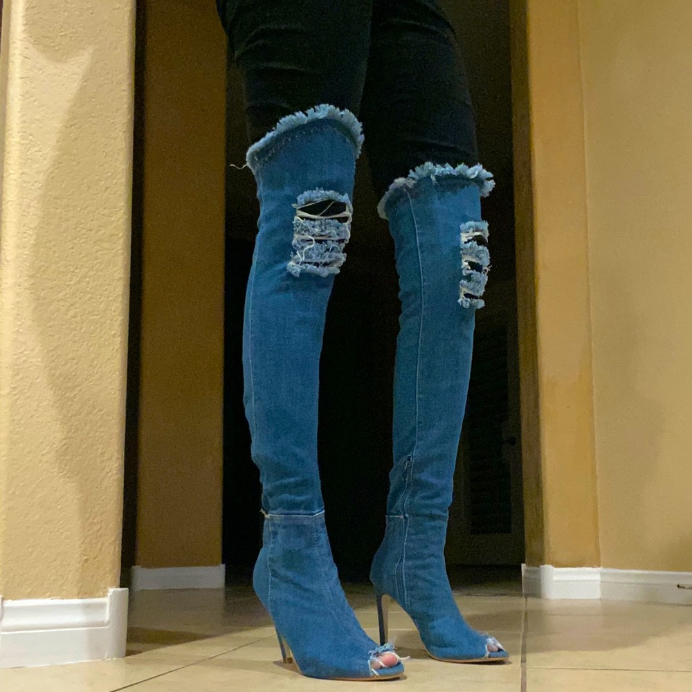 Over the knee high heel denim boots